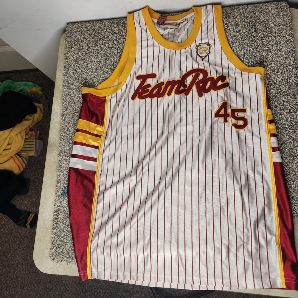 Team Roc Basketball Jersey Mens XL White Burgundy Pinstripe Hip‎ Hop Y2K 45